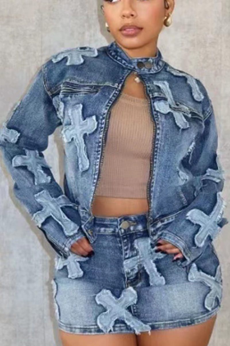 Fashion 3D Pattern Short Denim Jacket + Denim Skirt Suit