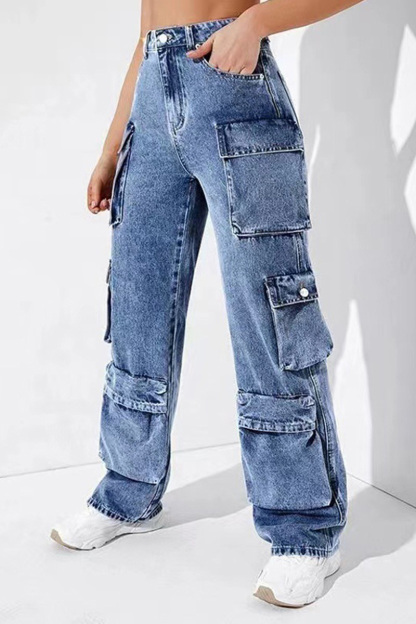 Casual High-Rise Flap Pocket Cargo Jeans