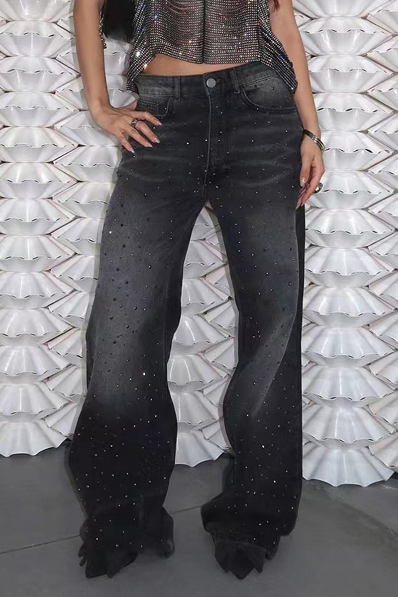 Vintage Hotfix Rhinestone Distressed Low Rise Wide Leg Jeans