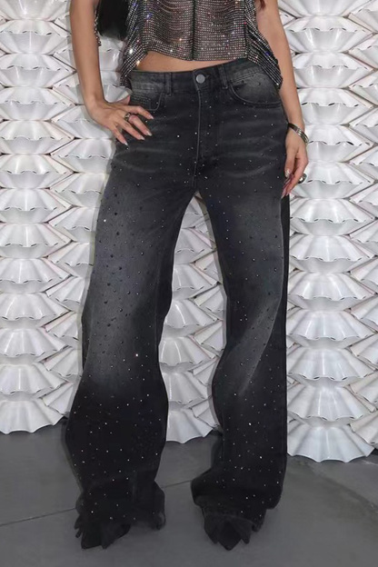 Vintage Hotfix Rhinestone Distressed Low Rise Wide Leg Jeans