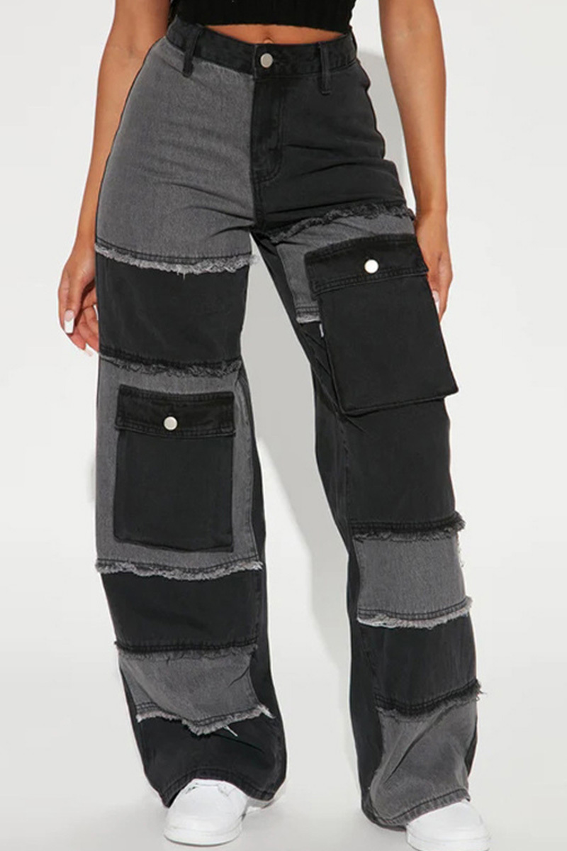 Designer Color Block Raw Hem Straight Leg Jeans