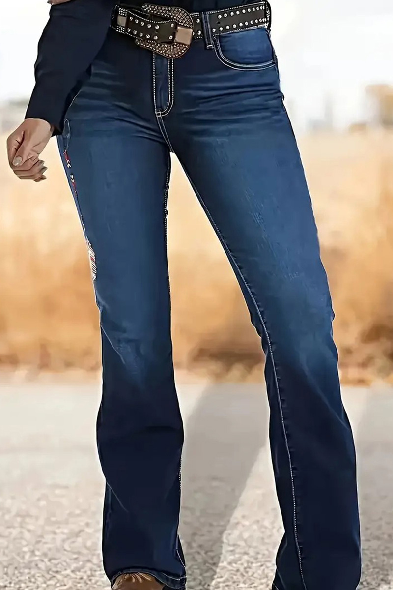 Vintage Feather Embroidered Bleach Wash Jeans