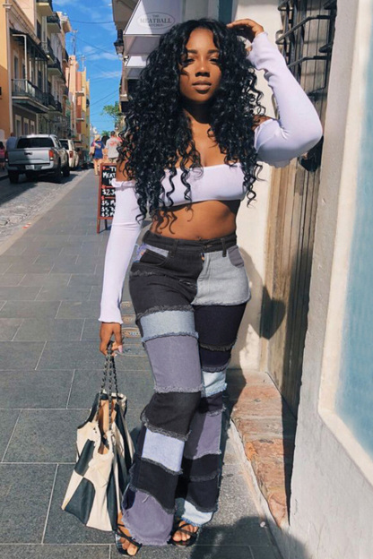 Vintage Color-Block Raw Hem Stretch High Rise Jeans