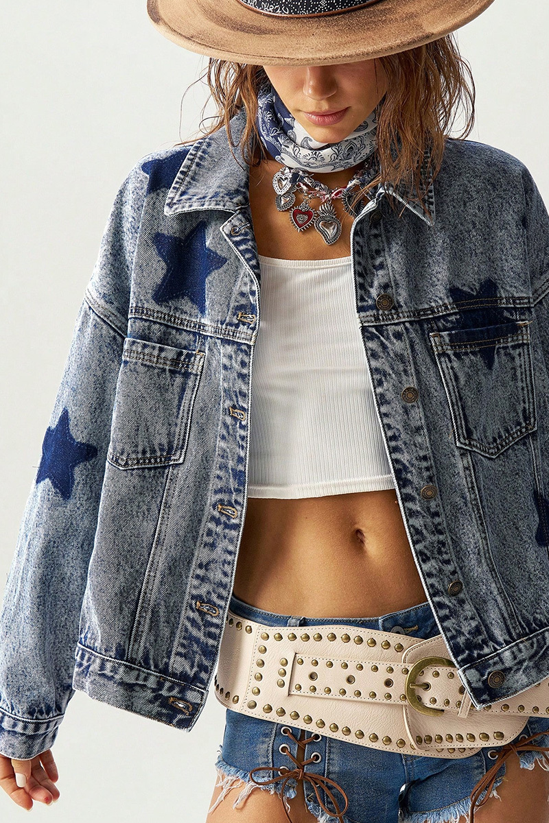 Casual Distressed Washed Star Pattern Loose Denim Jacket