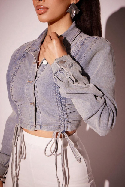 Stylish Drawstring Detail Short Denim Jacket