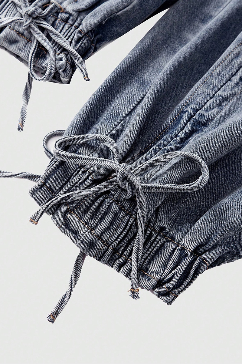 Fashion Bleach Wash Adjustable Drawstring Cargo Jeans