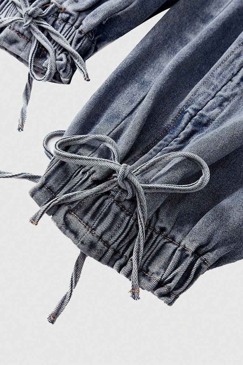 Fashion Bleach Wash Adjustable Drawstring Cargo Jeans