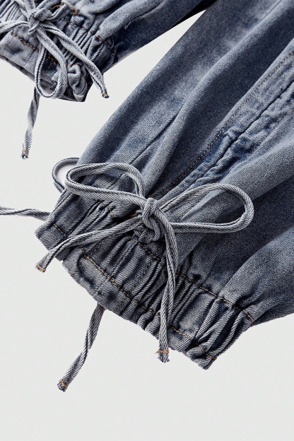 Fashion Bleach Wash Adjustable Drawstring Cargo Jeans