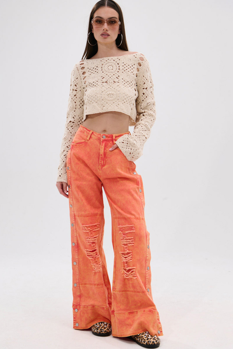 Fashion Side Button Ripped Bright Color Jeans