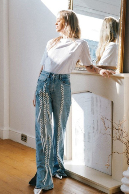 Casual Designer Woven Detail Slit Hem Jeans