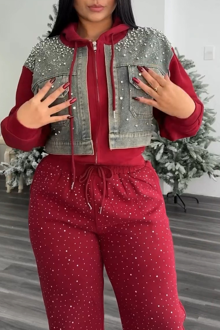 Women's Rhinestone Patchwork Denim Jacket + Waist Drawstring Pants Set