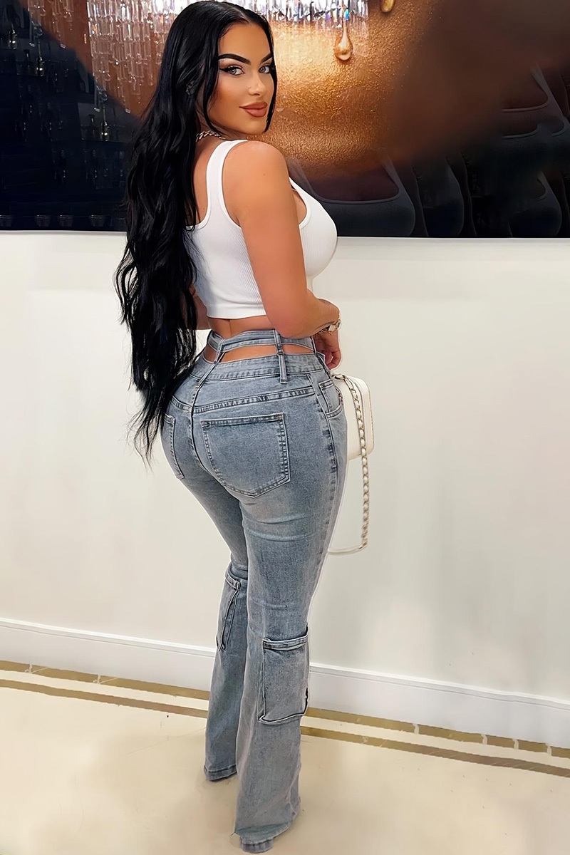 Fashion Self Belted Flap Pocket Acid Wash Jeans