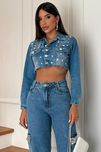 Ladies Rhinestone Denim Jacket + Studded Cargo Pocket Jeans