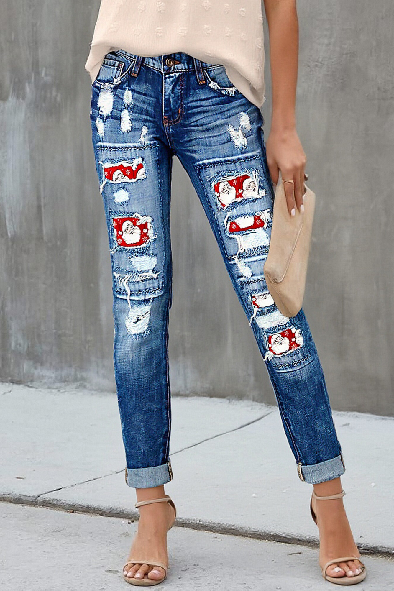 Vintage-Wash Christmas Print Jeans For Women