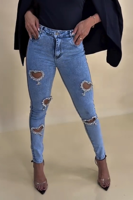Women's Revival Style Rhinestone Heart-Shaped Cutout Jeans