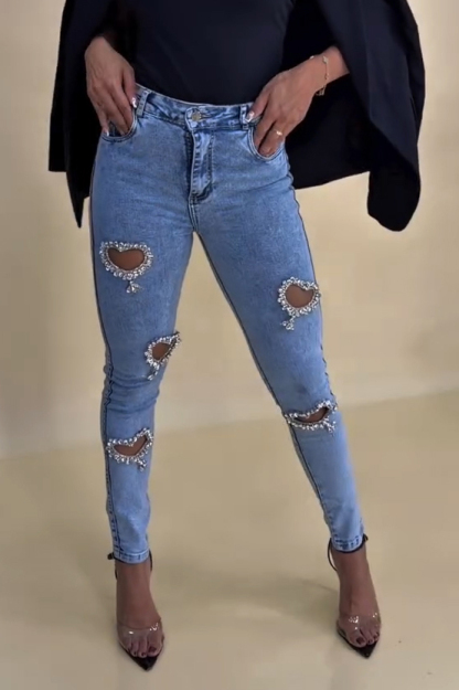 Women's Revival Style Rhinestone Heart-Shaped Cutout Jeans