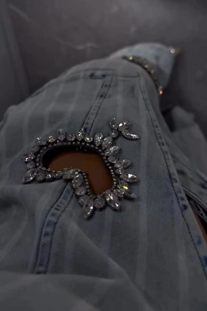 Women's Heart Rhinestone Vintage Washed Stripe Vest + Jeans