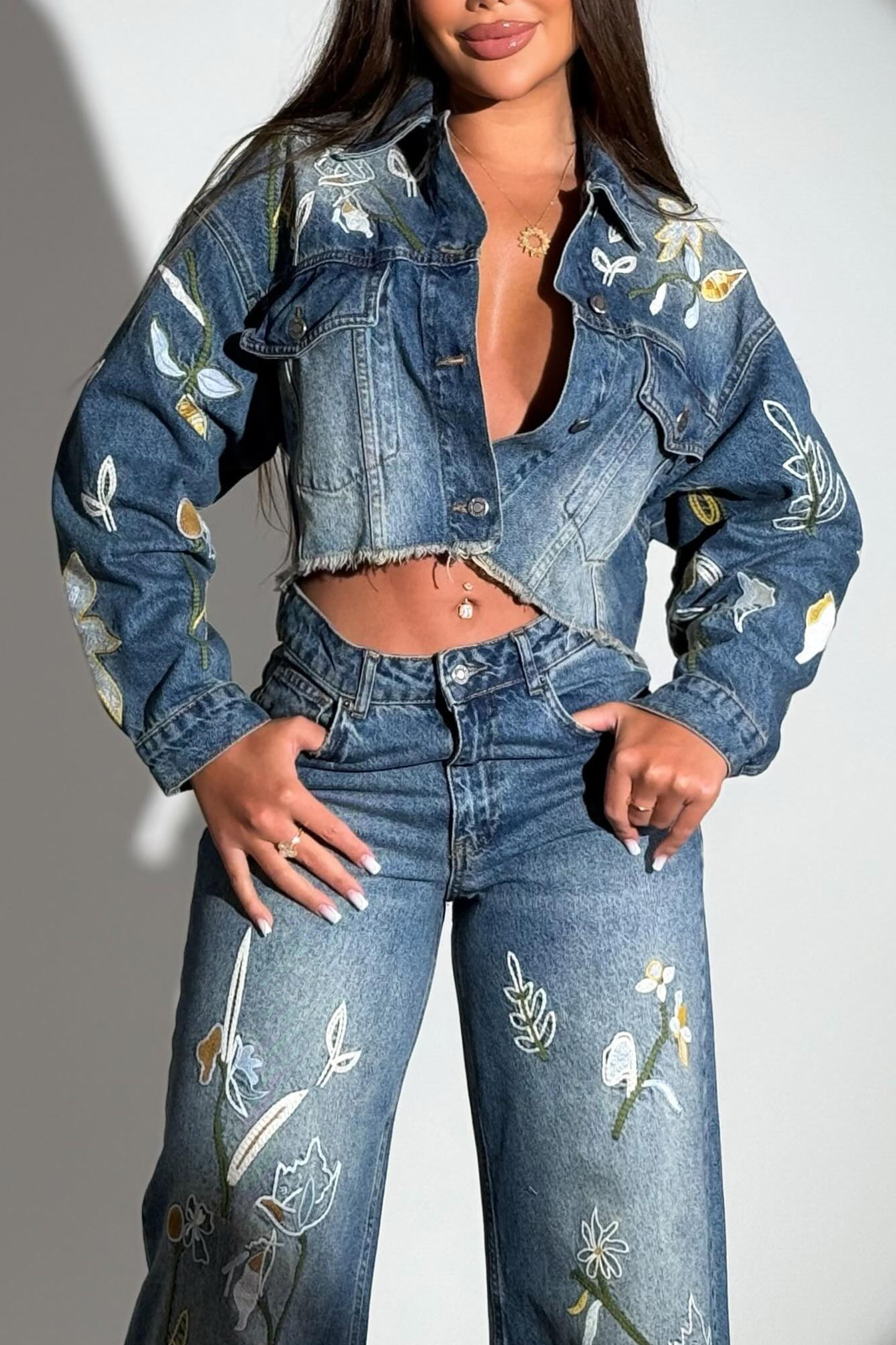 Ladies Embroidered Cropped Jacket + Floral Jeans Sets