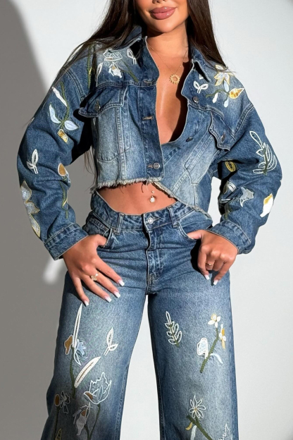 Ladies Embroidered Cropped Jacket + Floral Jeans Sets
