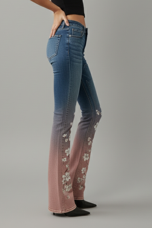 Women's Casual Gradient Print Patchwork Flared Jeans
