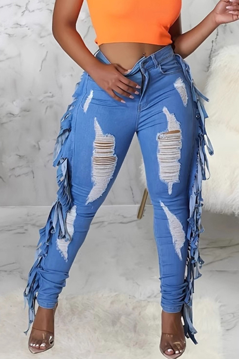 Casual Side Tassels Light Washed Ripped Jeans