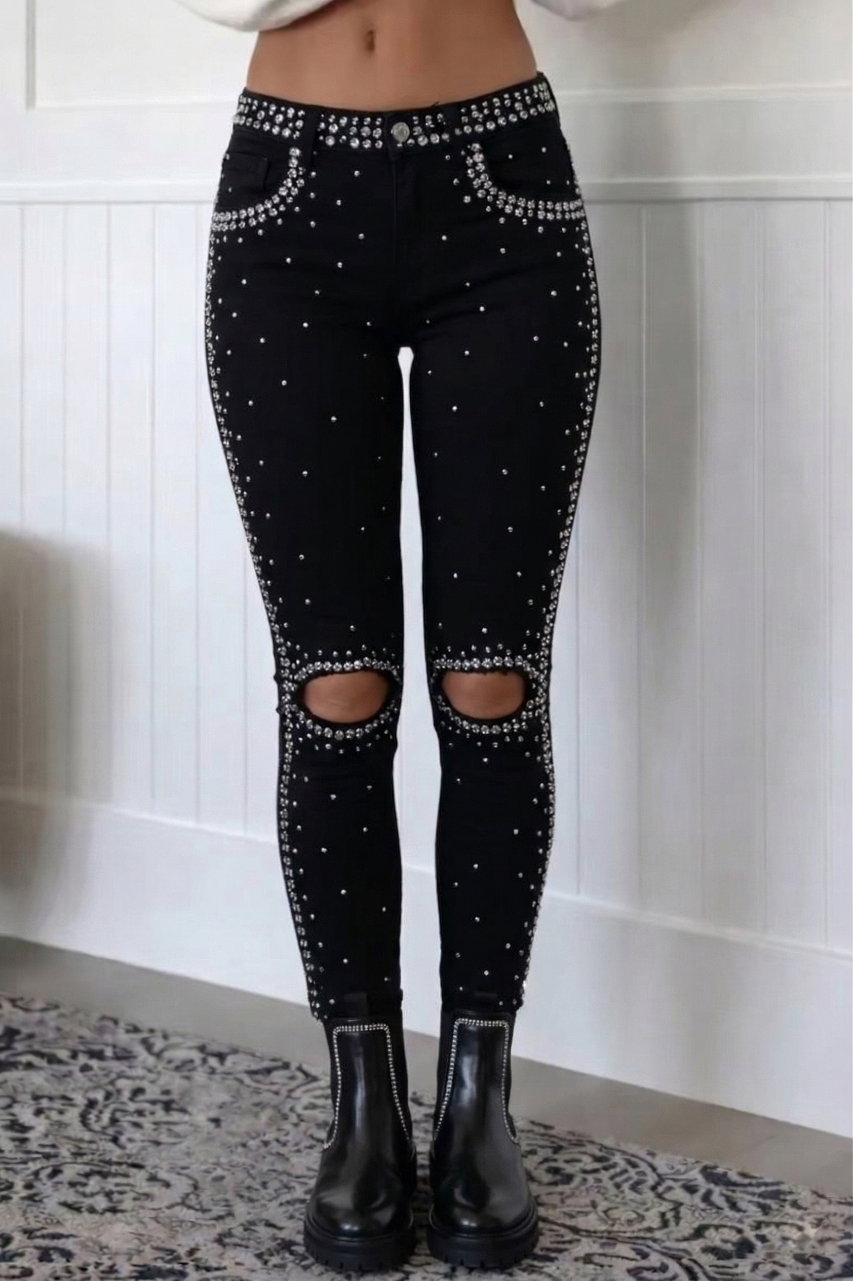 Women's Casual Rhinestone Ripped Skinny Jeans