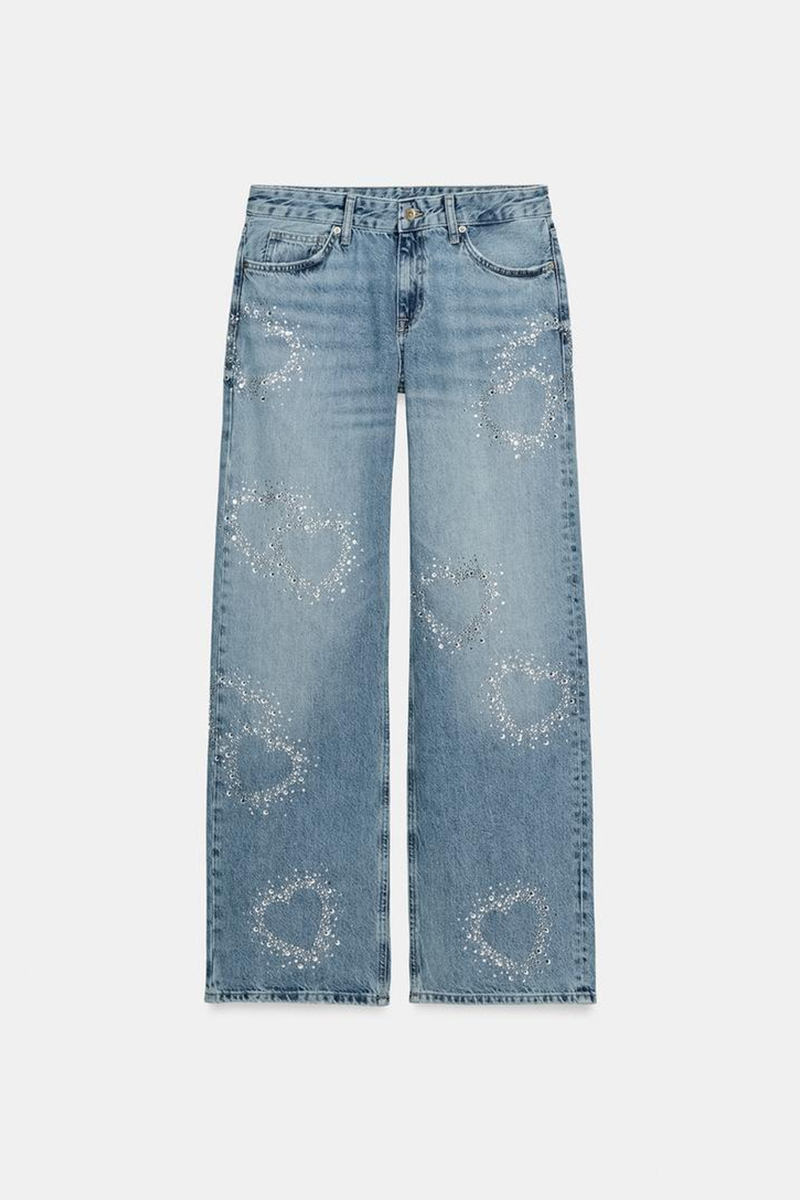 Ladies' Popular Casual Love Rhinestone Straight Leg Jeans