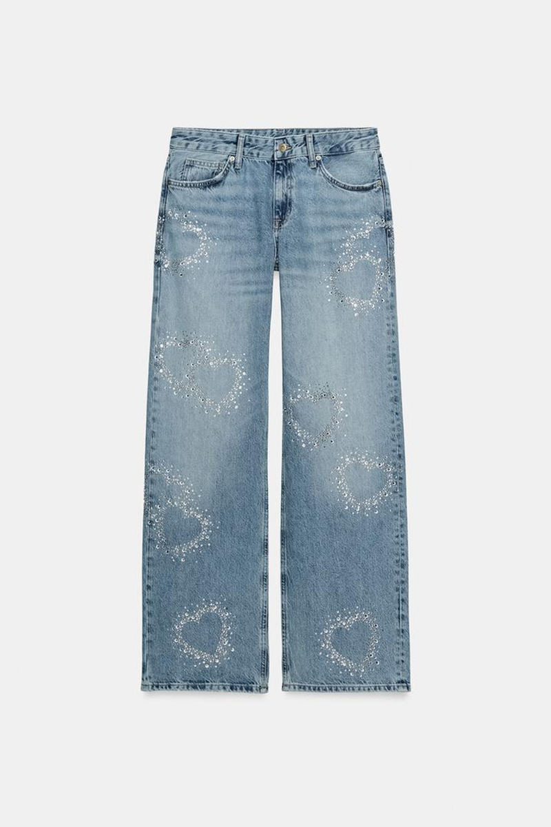 Ladies' Popular Casual Love Rhinestone Straight Leg Jeans