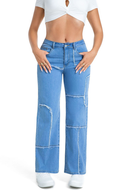 Casual Stretch Panel Raw Hem Wide Leg Jeans