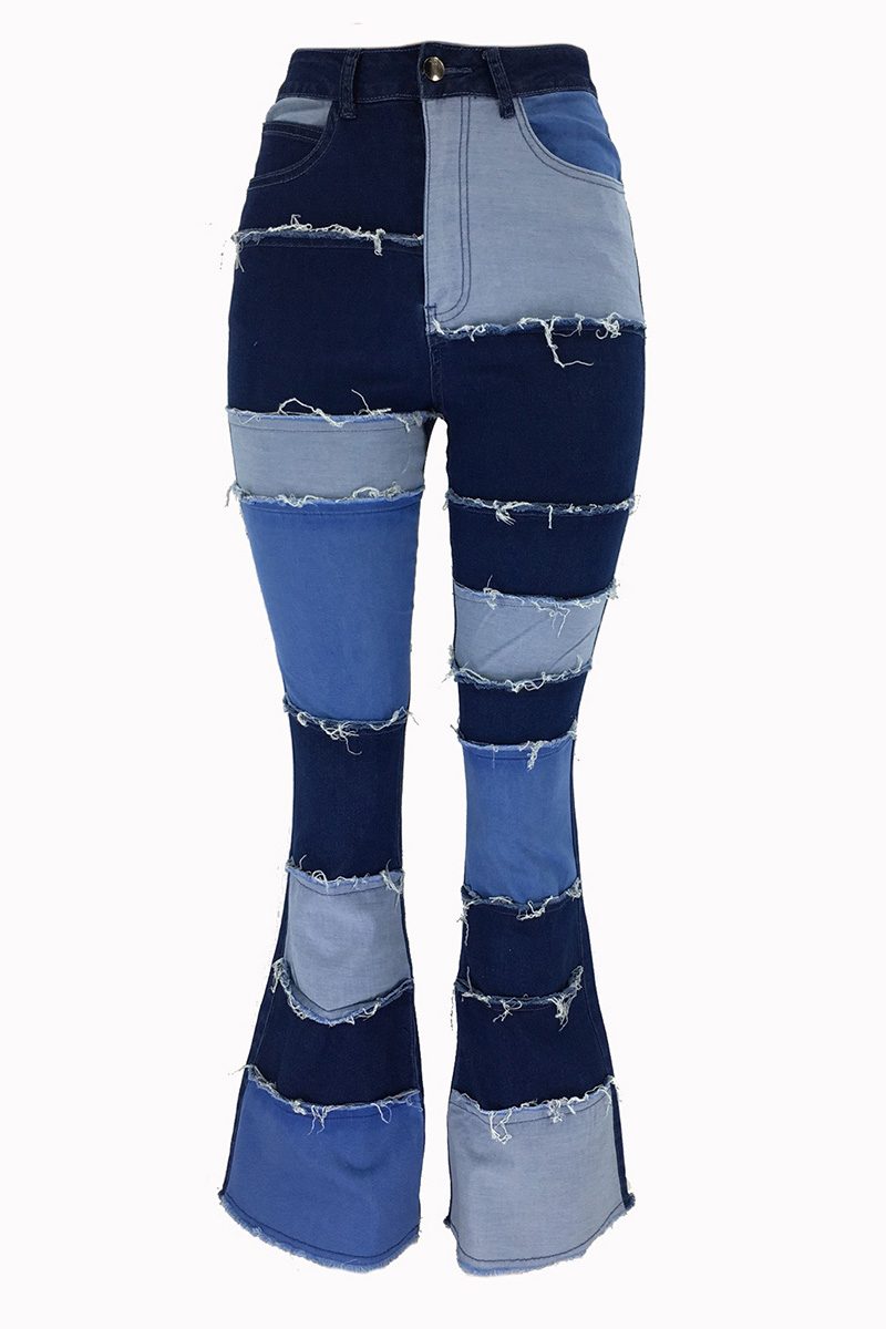 Vintage Color-Block Raw Hem Stretch High Rise Jeans
