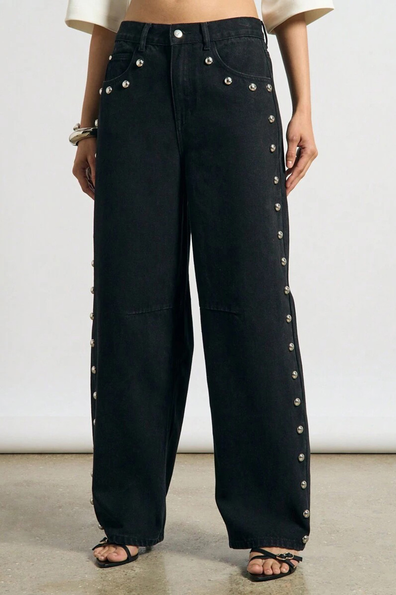 Fashion  Studded High Waist Wide Leg Jeans