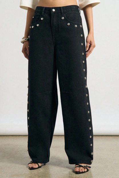 Fashion  Studded High Waist Wide Leg Jeans