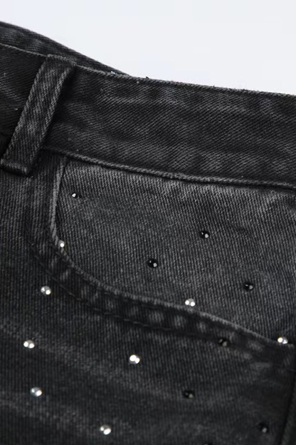 Vintage Hotfix Rhinestone Distressed Low Rise Wide Leg Jeans