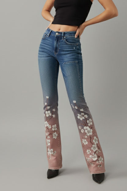 Women's Casual Gradient Print Patchwork Flared Jeans