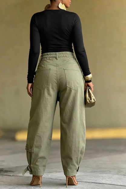 Women's Asymmetrical Utility Pants with Patchwork & Adjustable Ankle Straps
