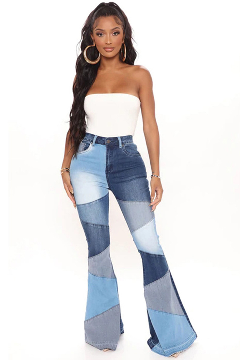 Fashion Color Block Stretch Flare Jeans