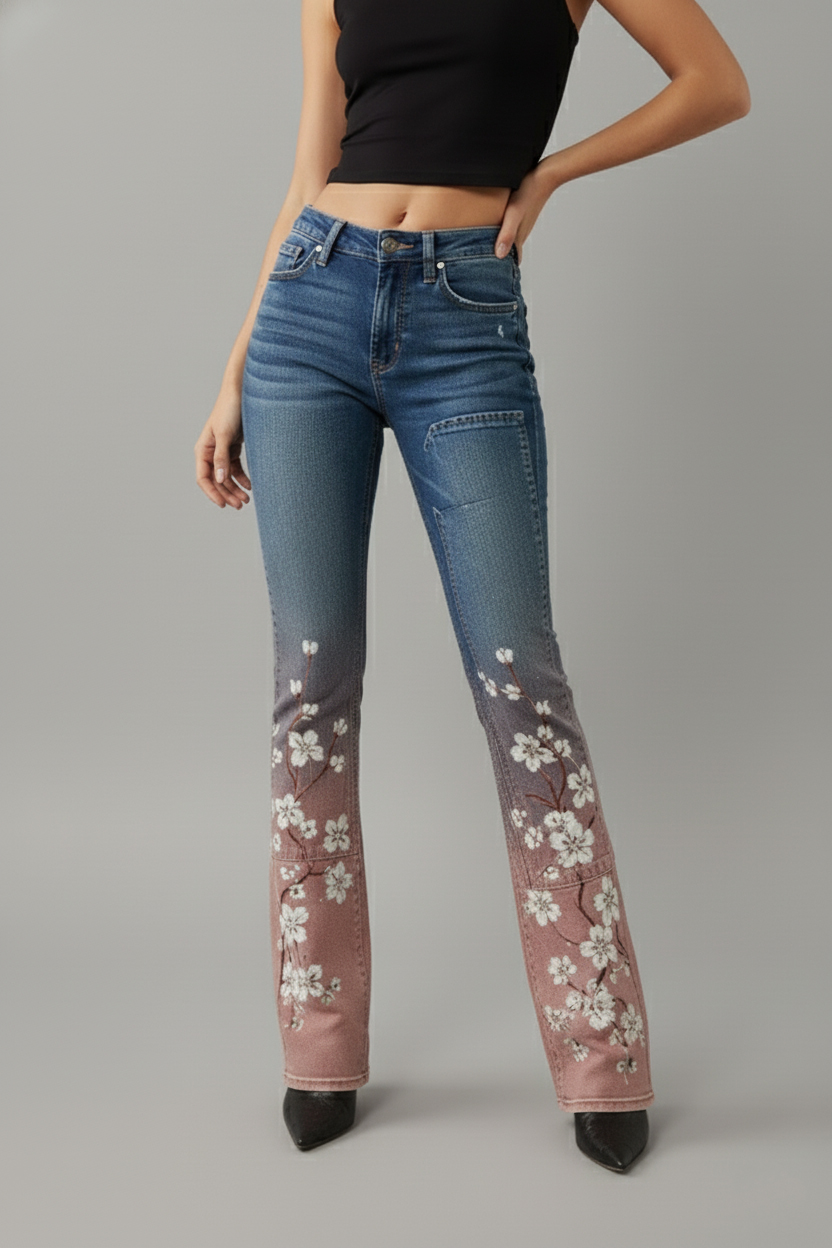 Women's Casual Gradient Print Patchwork Flared Jeans