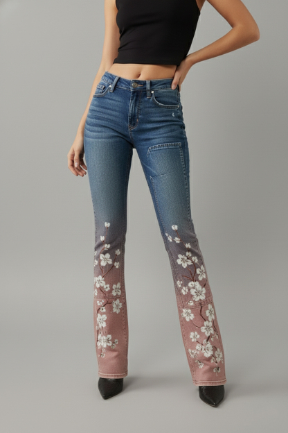 Women's Casual Gradient Print Patchwork Flared Jeans