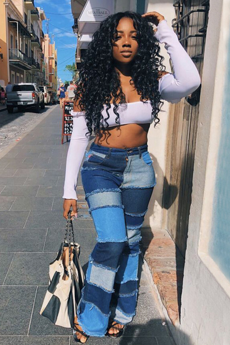 Vintage Color-Block Raw Hem Stretch High Rise Jeans