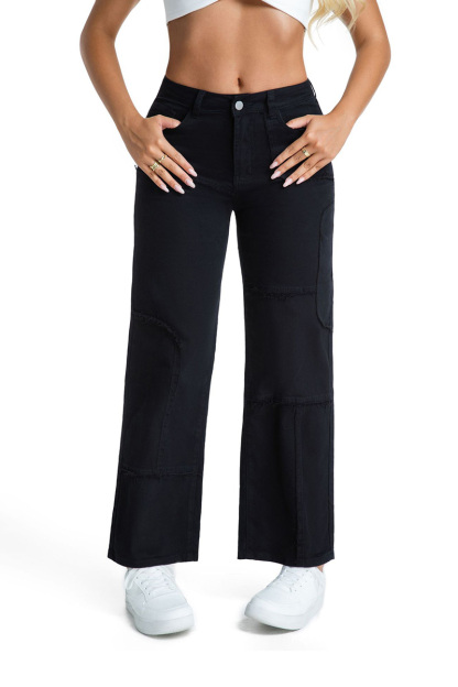 Casual Stretch Panel Raw Hem Wide Leg Jeans