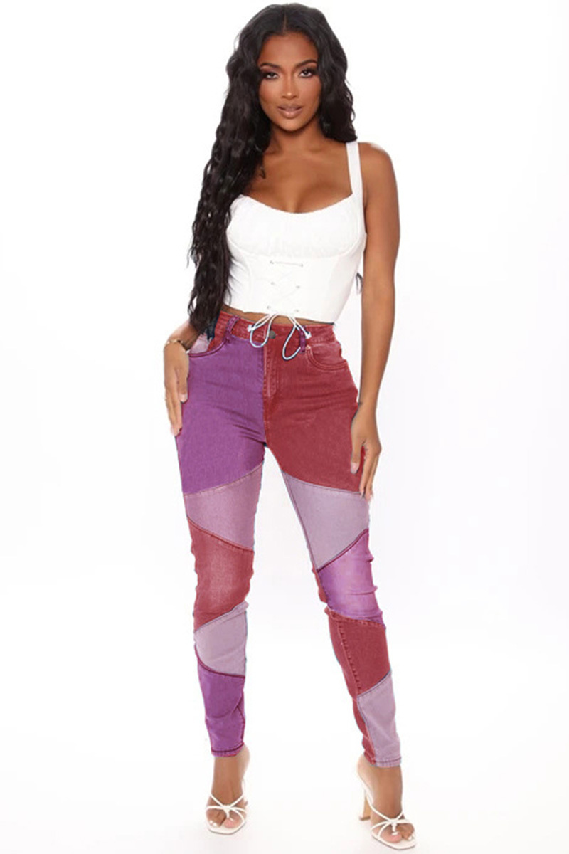 Fashion Color Block Stretch High Rise Jeans