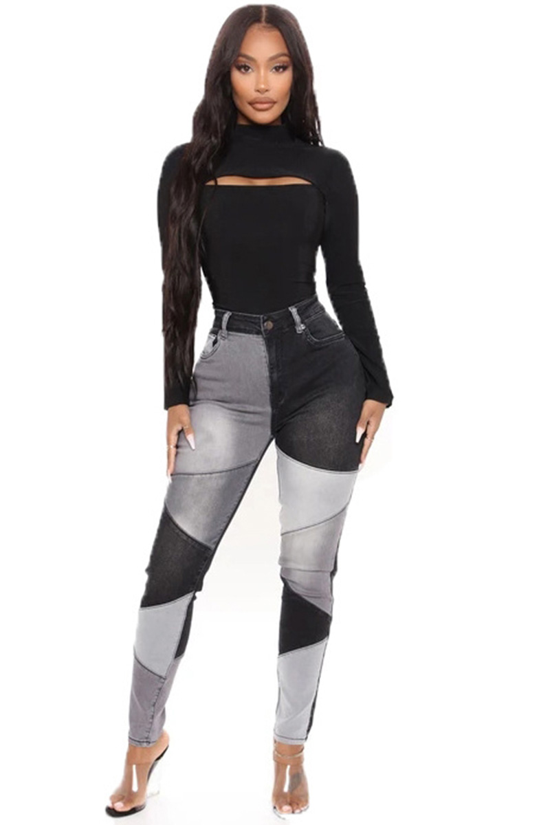 Fashion Color Block Stretch High Rise Jeans