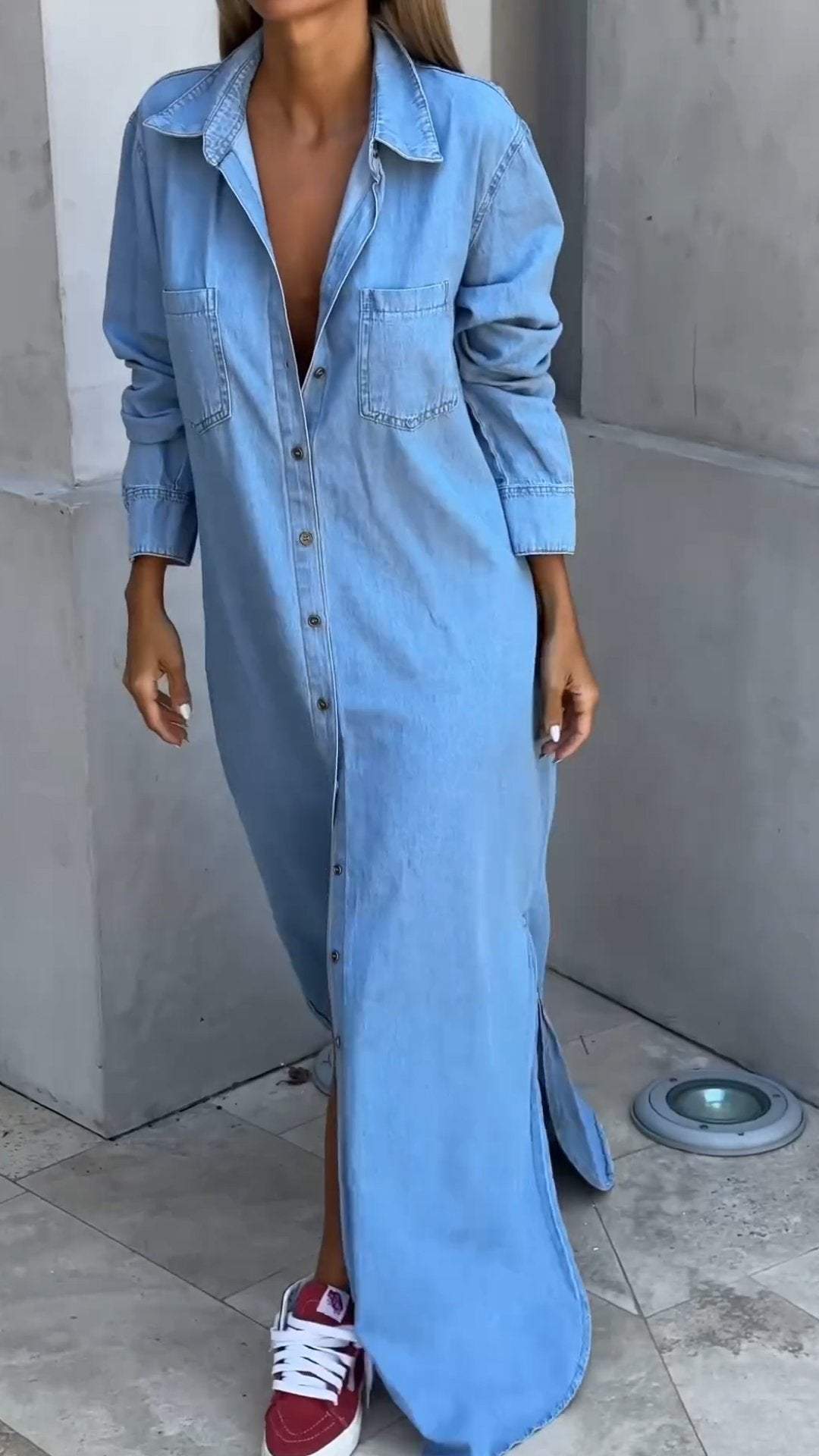 Women's Lapel Denim Extra Long Slit Casual Dress
