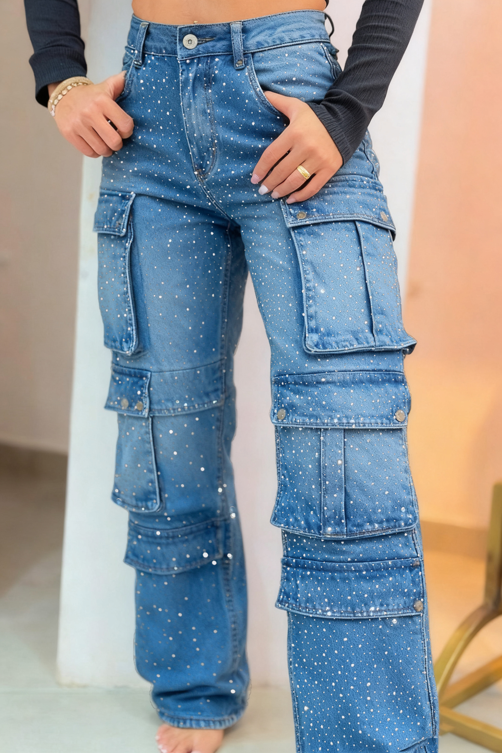 Women's Multi-pocket Rhinestone Casual Jeans