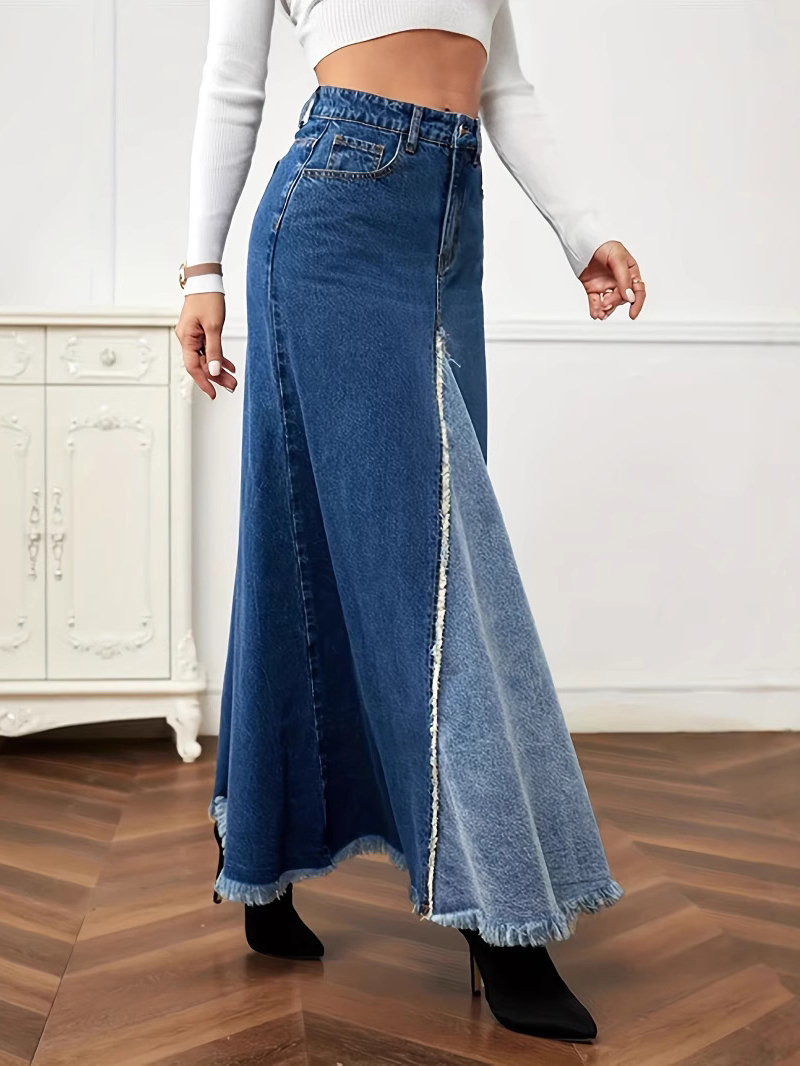Casual Panel Washed Raw Hem Denim Skirt