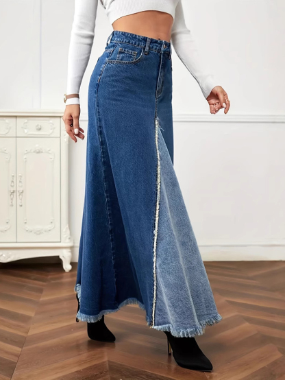 Casual Panel Washed Raw Hem Denim Skirt