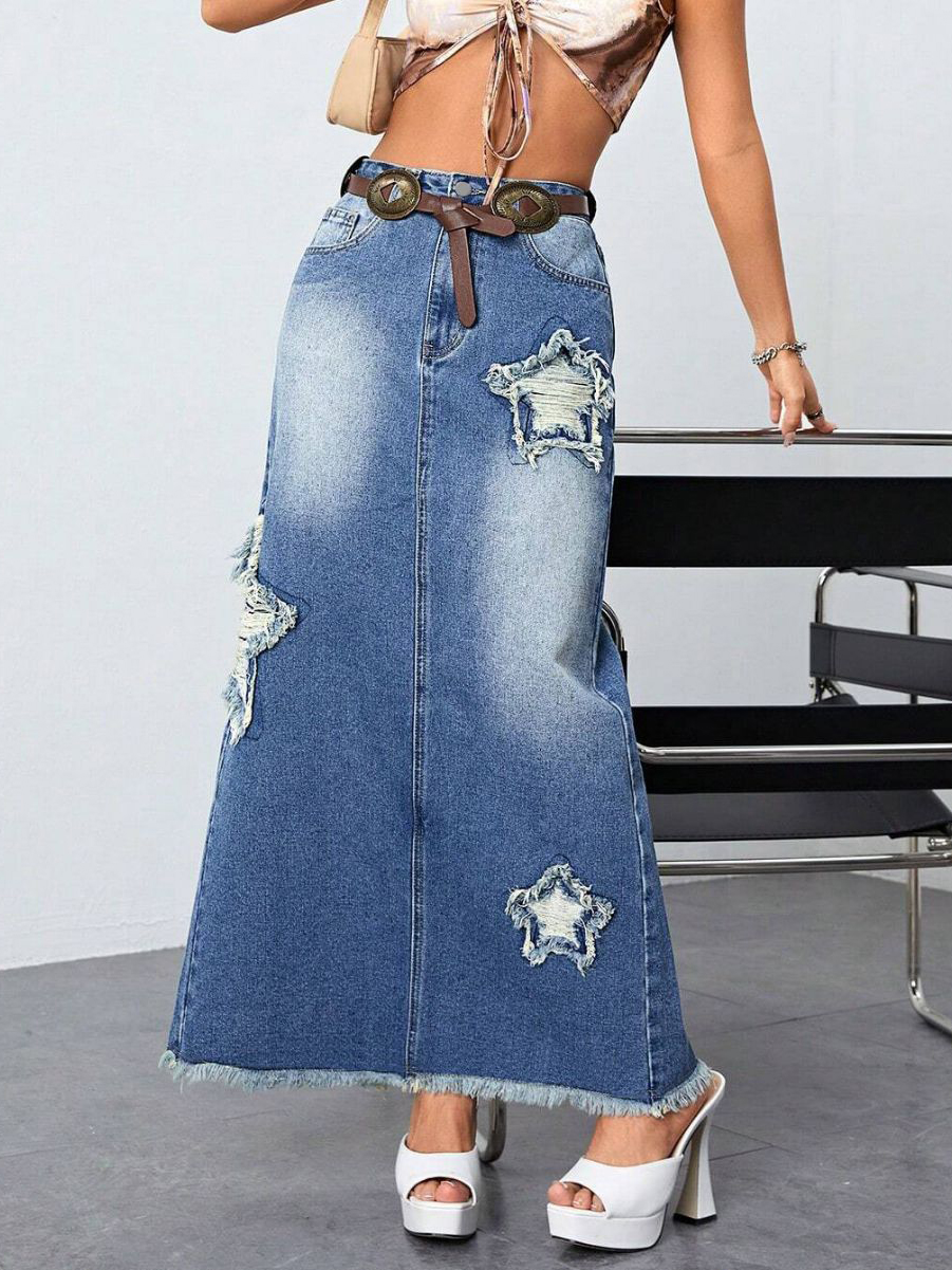 Fashion Raw Hem Washed Star Denim Skirt