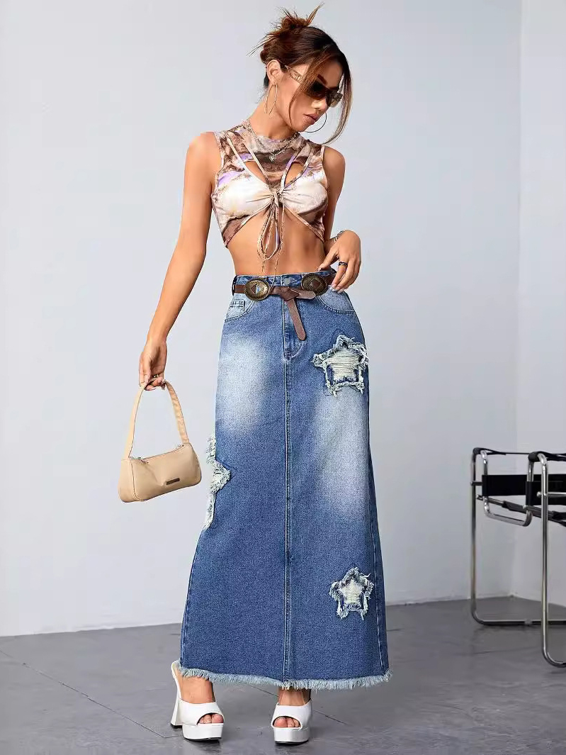 Fashion Raw Hem Washed Star Denim Skirt