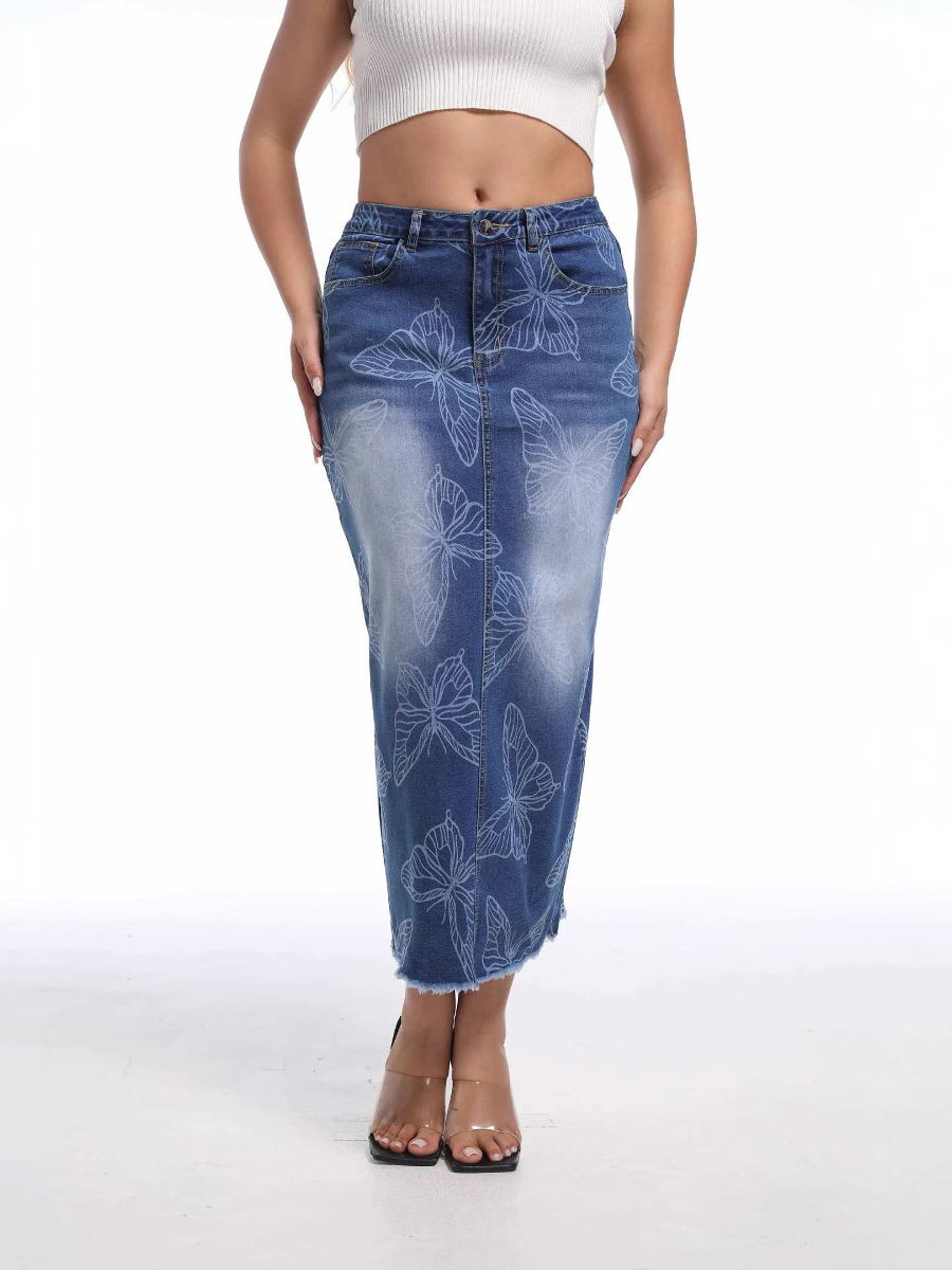 Fashion Bodycon Butterfly Print Denim Skirt