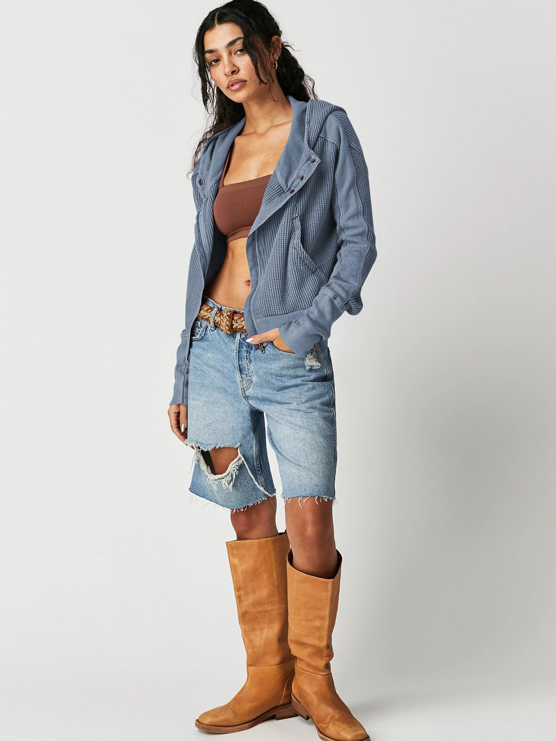 Casual Textured Knit Hoodie Sweatshirt Jacket